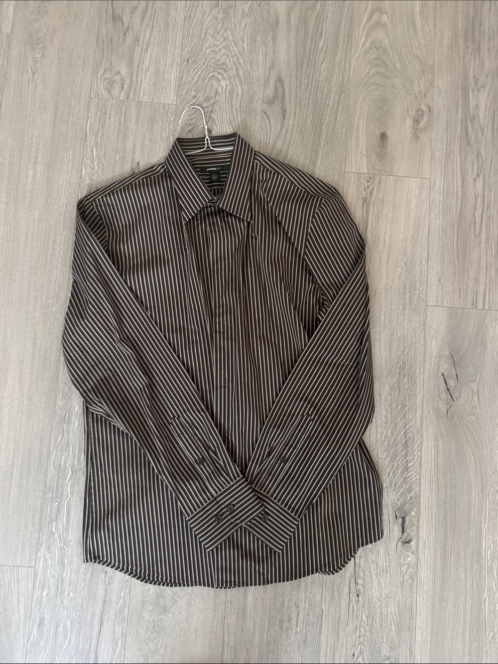 Express Men's Brown and White Striped Dress Shirt